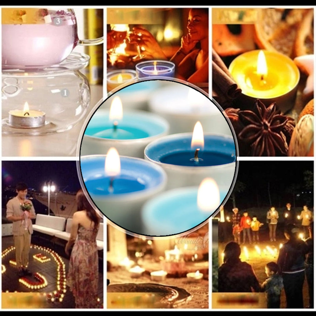 Indoor display of multicolor tea light candles adding color and light to room decor