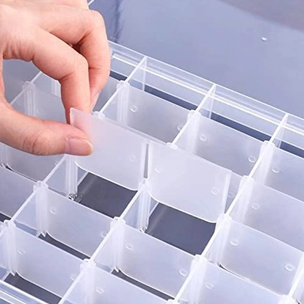 Side view of the clear plastic organizer box with adjustable internal dividers.