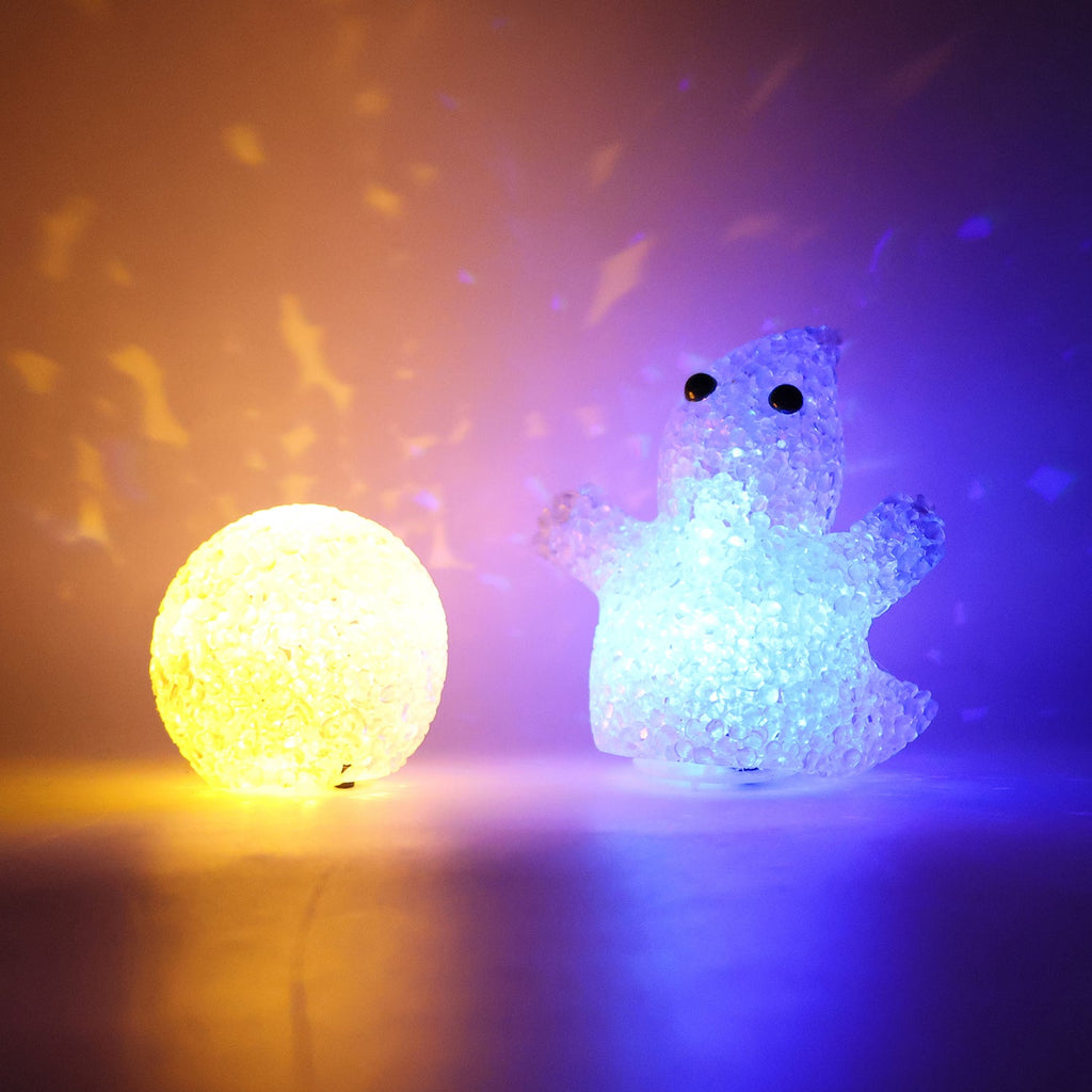 The complete set of six multi-shape animal LED night lamps glowing softly.