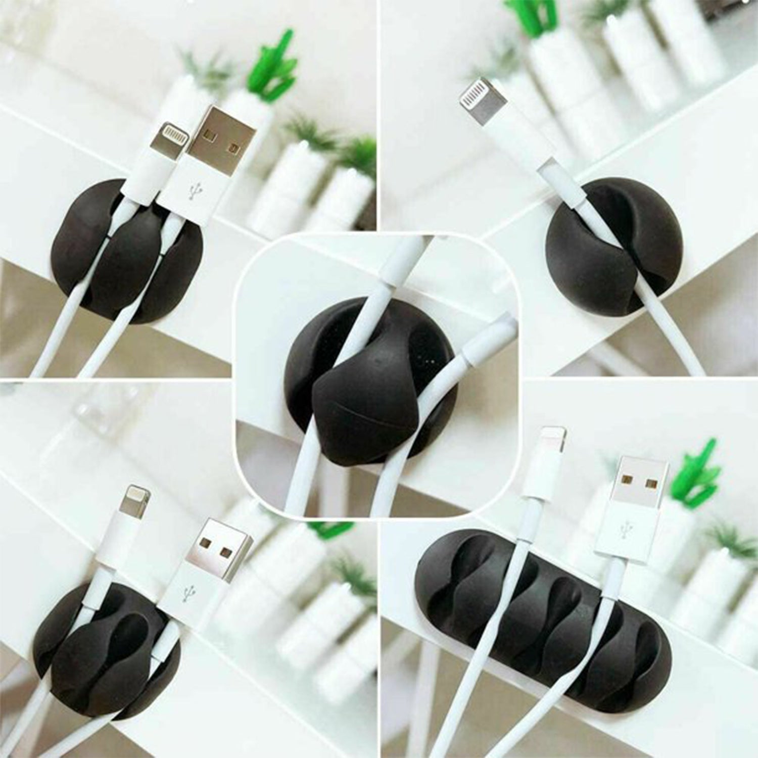 Self-adhesive cable holder clips securing charging cables neatly on a bedside table.