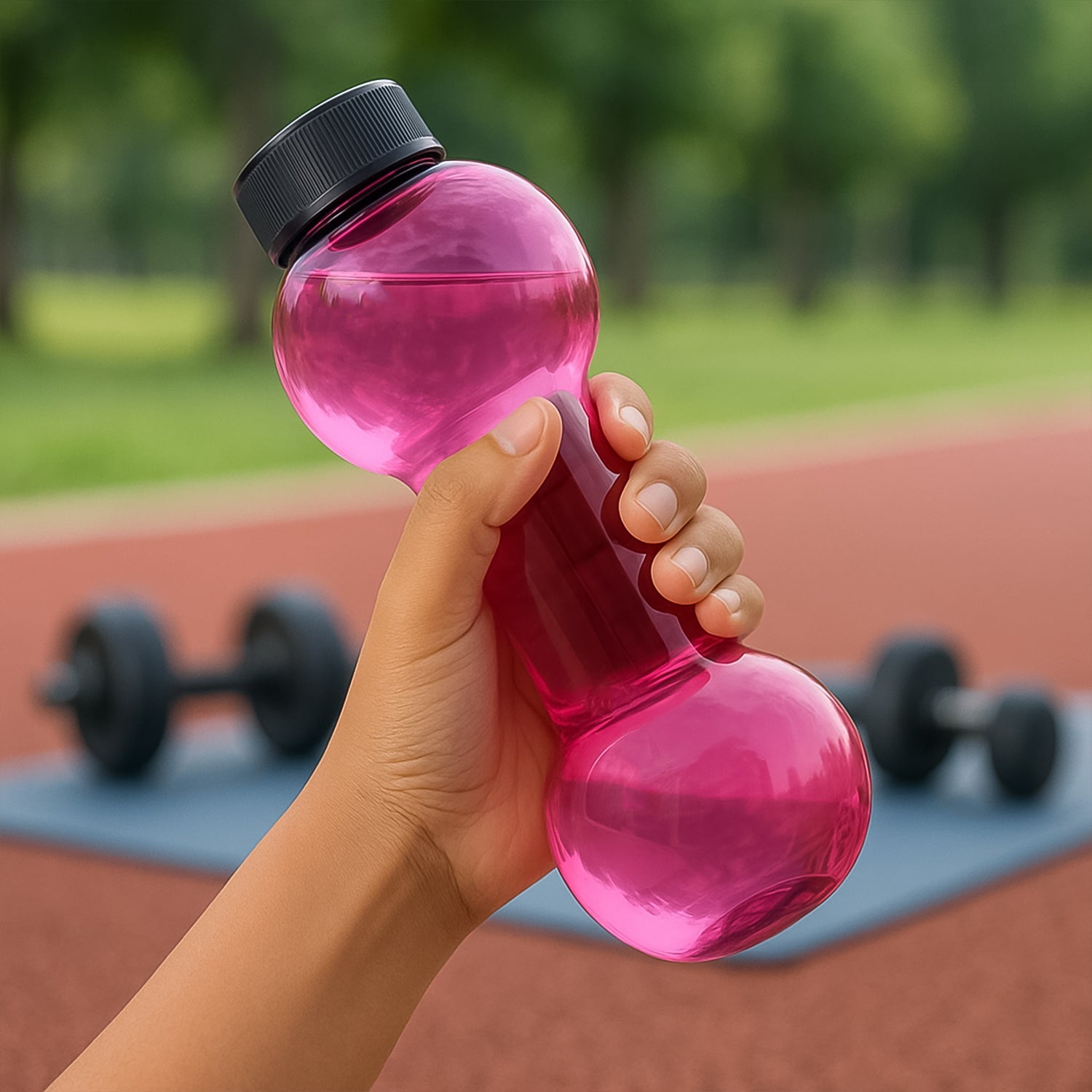 User holding the FitFuzion dumbbell water bottle during a light workout session.