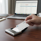 Travel essentials kit displays notebook, pen, card holder, and keychain