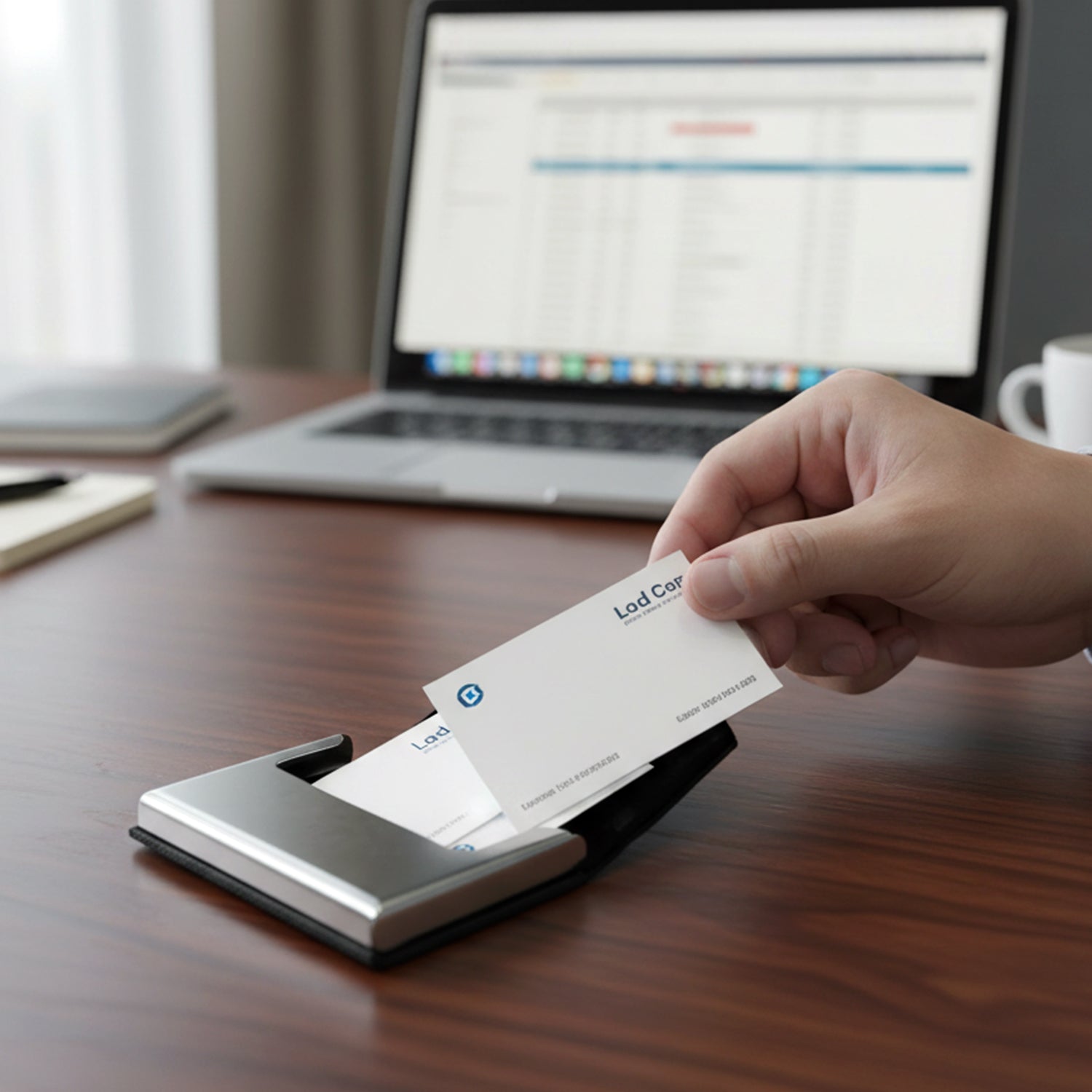 Travel essentials kit displays notebook, pen, card holder, and keychain