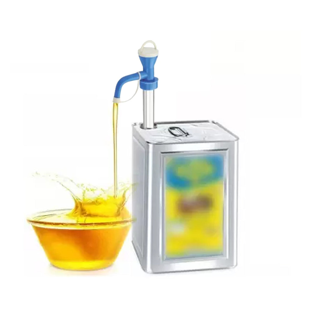 Stainless steel oil dispenser with a sleek, modern design for kitchen use.