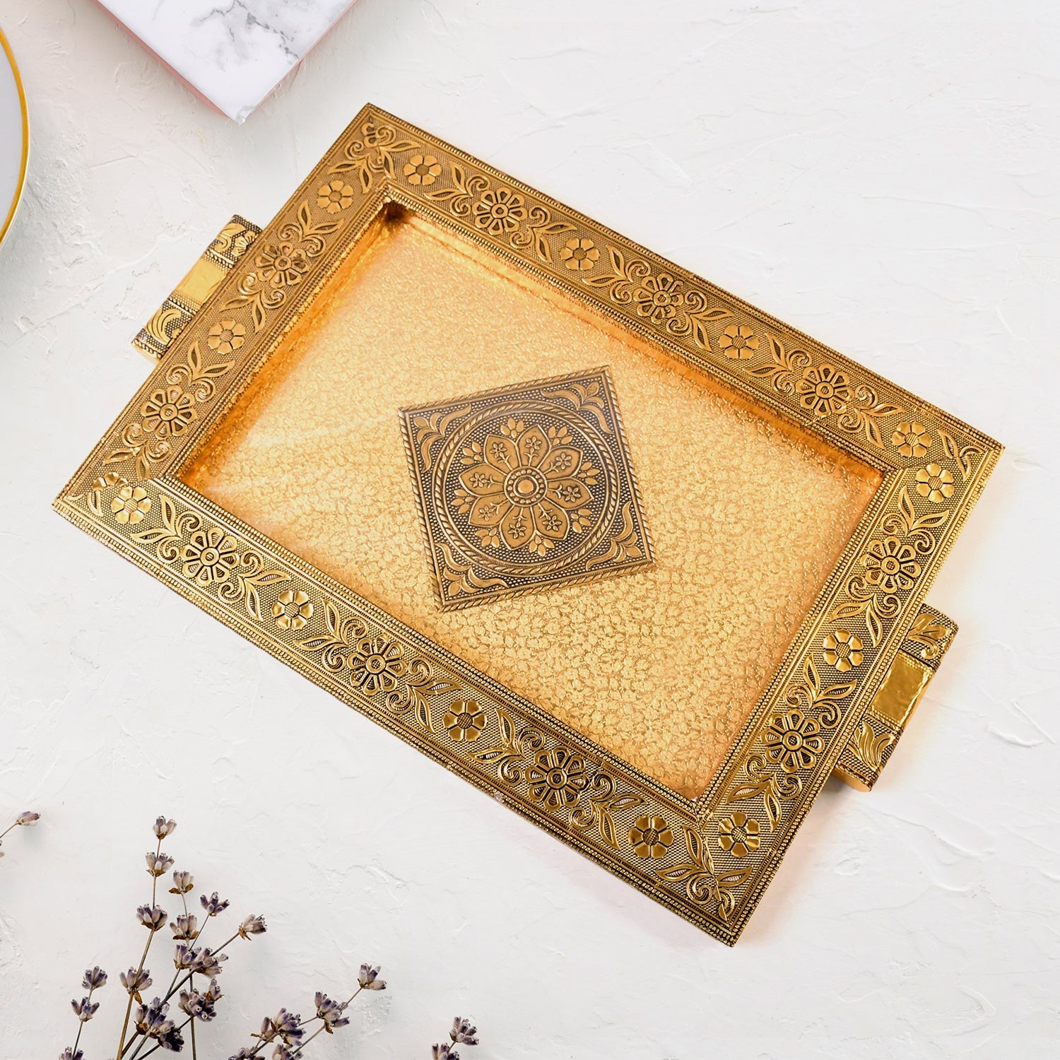 Side view showing easy-grip handles of Rajwadi premium serving tray