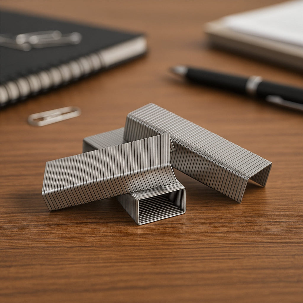 Staples pack showing durable metal pins for paper binding