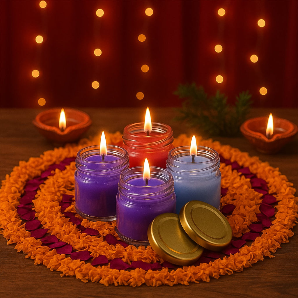 Glowing wax candle in glass jar with golden lid for decorative use