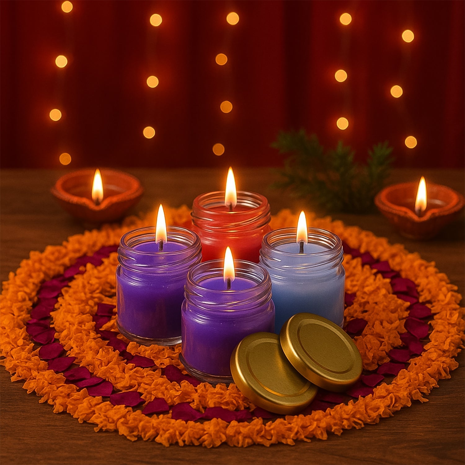 Glowing wax candle in glass jar with golden lid for decorative use