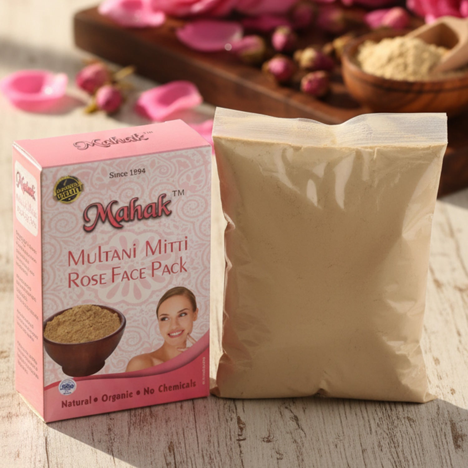 Packaging of herbal Multani Mitti and Rose face pack kit