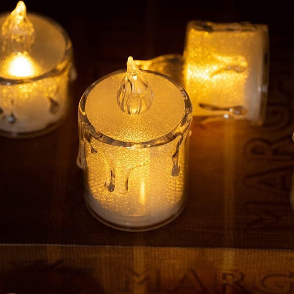 Group of sparkling crystal LED candles arranged for festive home decoration.