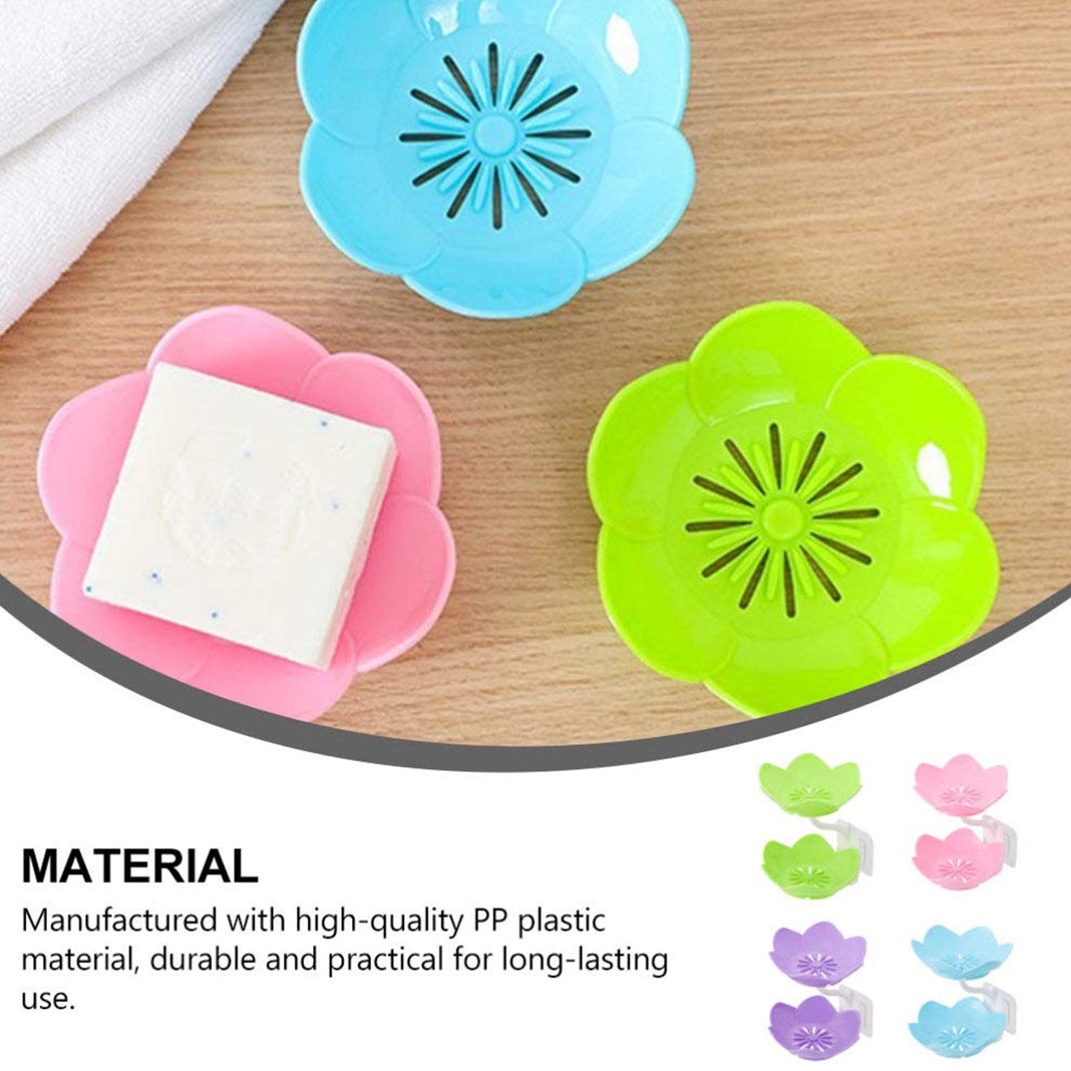 Self-draining soap dish in a bathroom setting, highlighting its flower design and functionality.