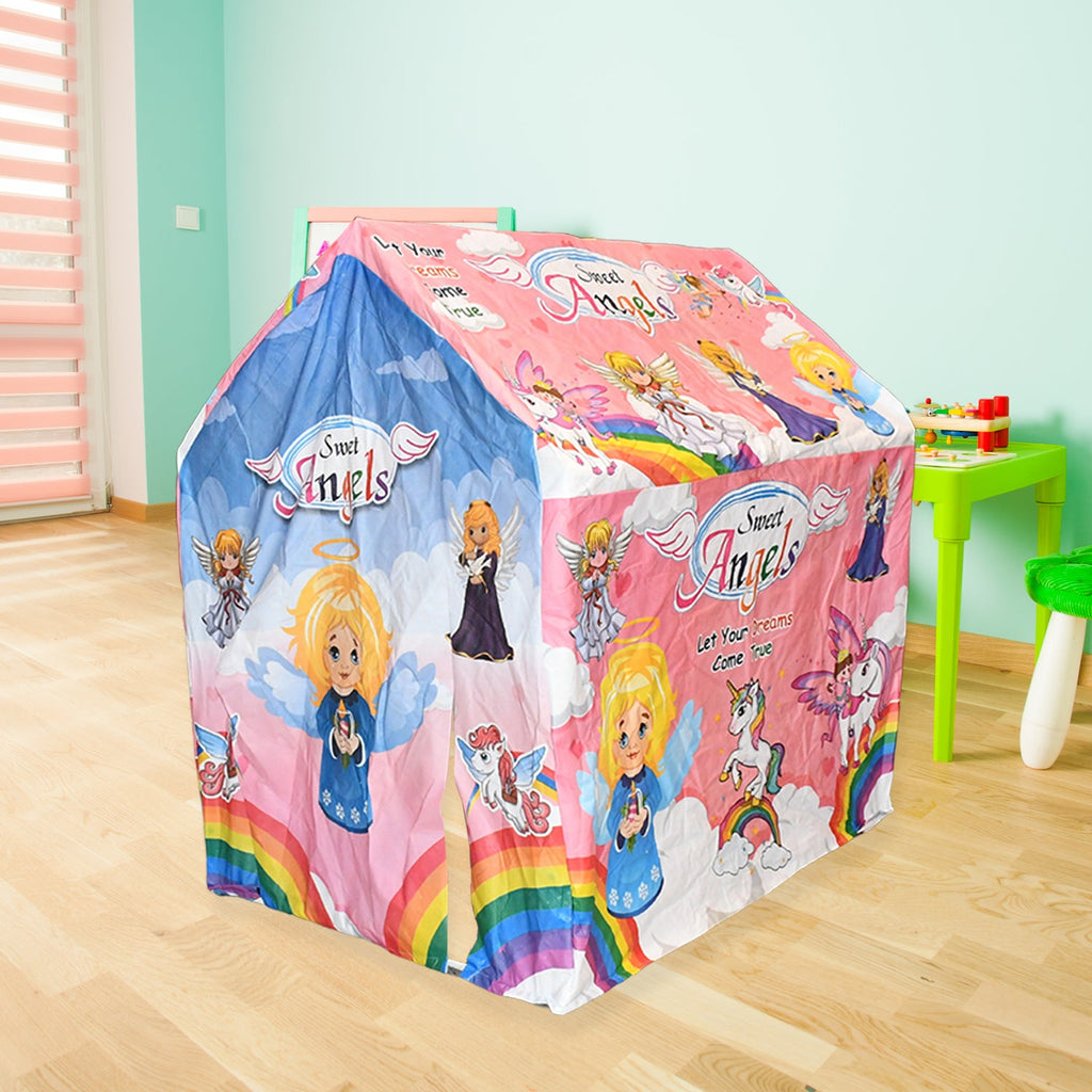Close-up of the multicolour fabric and details of the foldable kids tent.