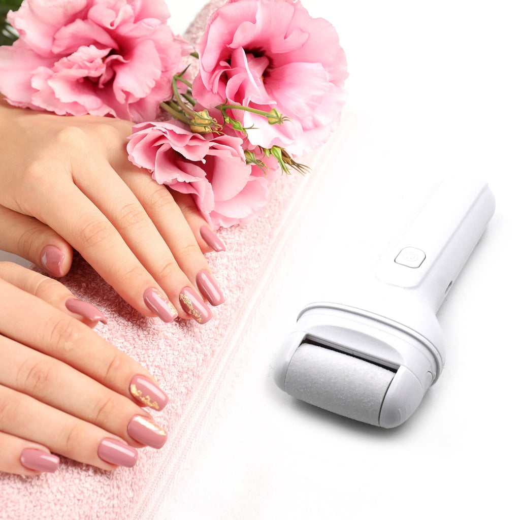AuriGlam Electric Foot File with multiple roller heads for callus removal