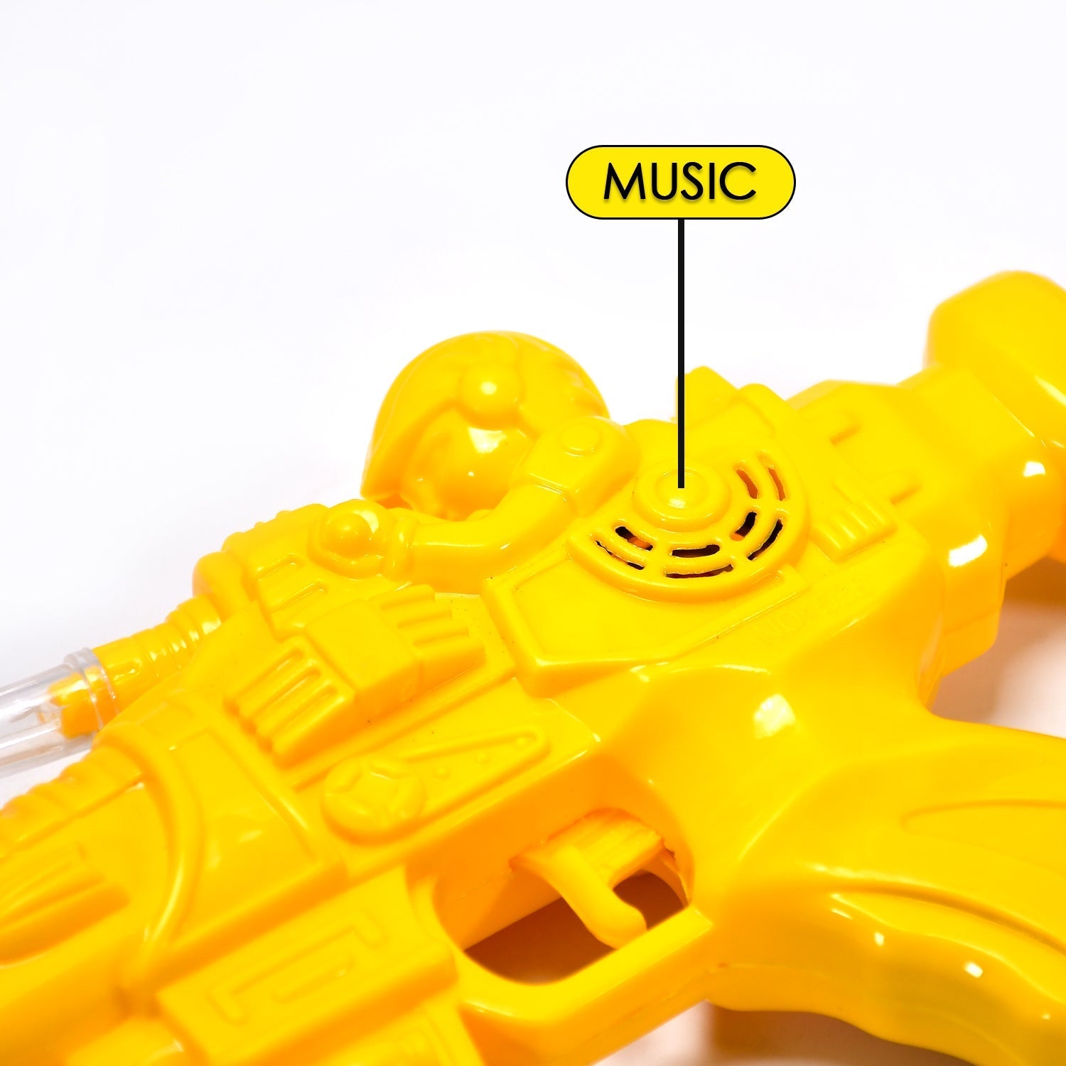Action shot of the rainbow light gear gun with its transparent body and musical sounds.