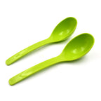 Pair of black plastic kitchen ladles displayed side by side on a clean grey background.