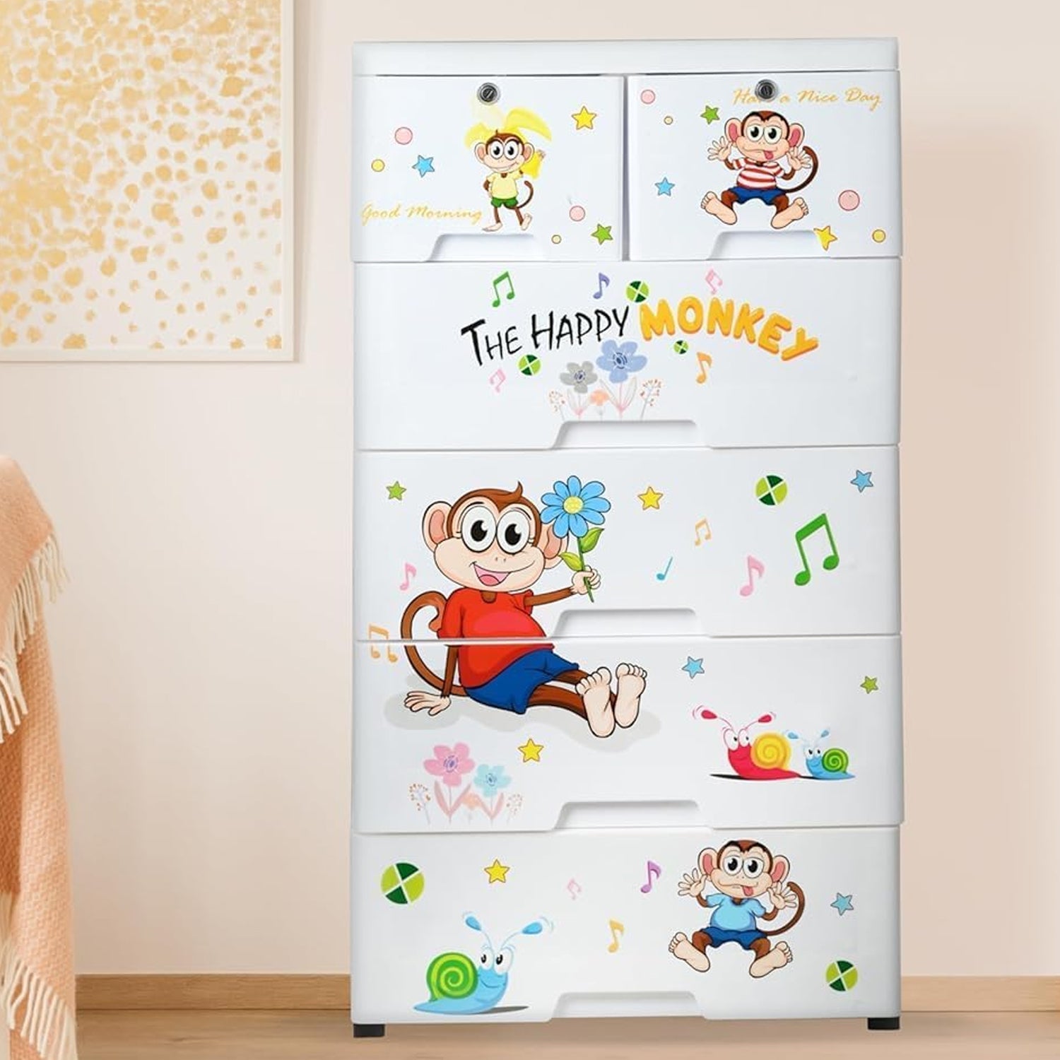 Spacious plastic chest of drawers ideal for organizing children's clothes and toys