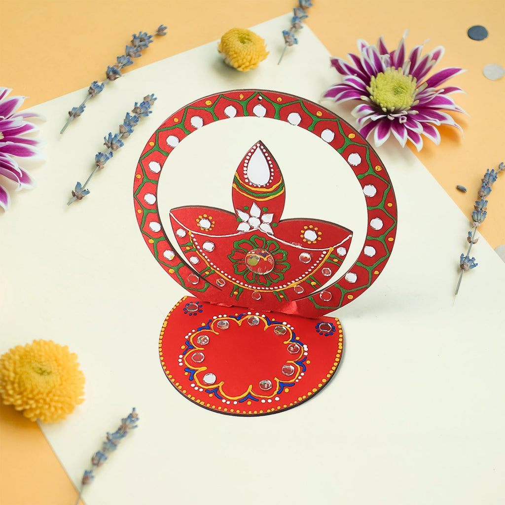 Handcrafted wooden diya stand with stone detailing for Indian festivals