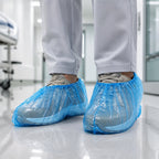 Close-up of elastic opening on a blue disposable shoe cover.