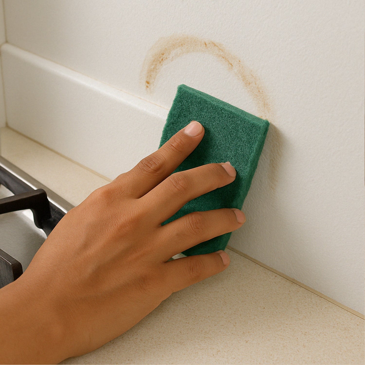Heavy-duty kitchen scrubber pad cleaning baked-on grease from cookware