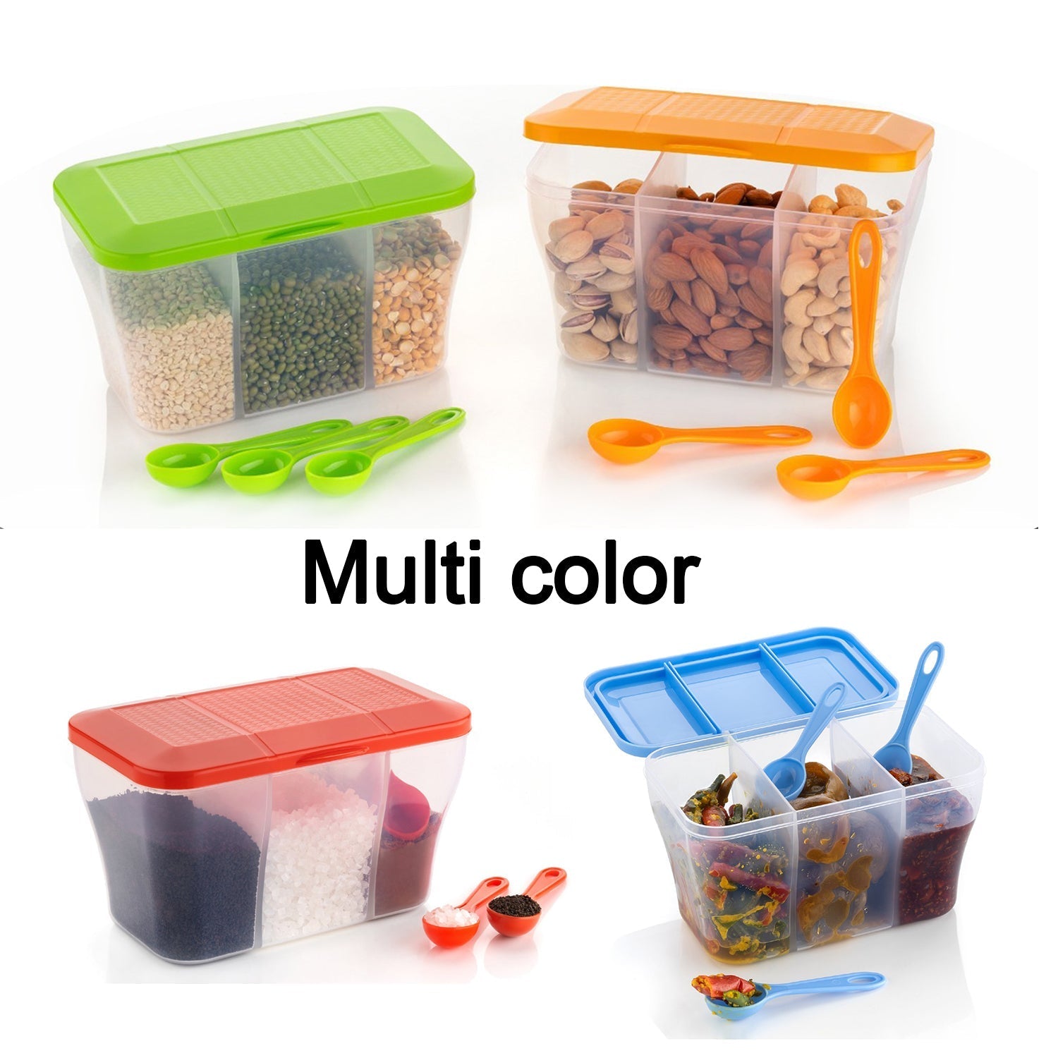 Transparent 750ml airtight storage container with 3 sections, ideal for kitchen organization.