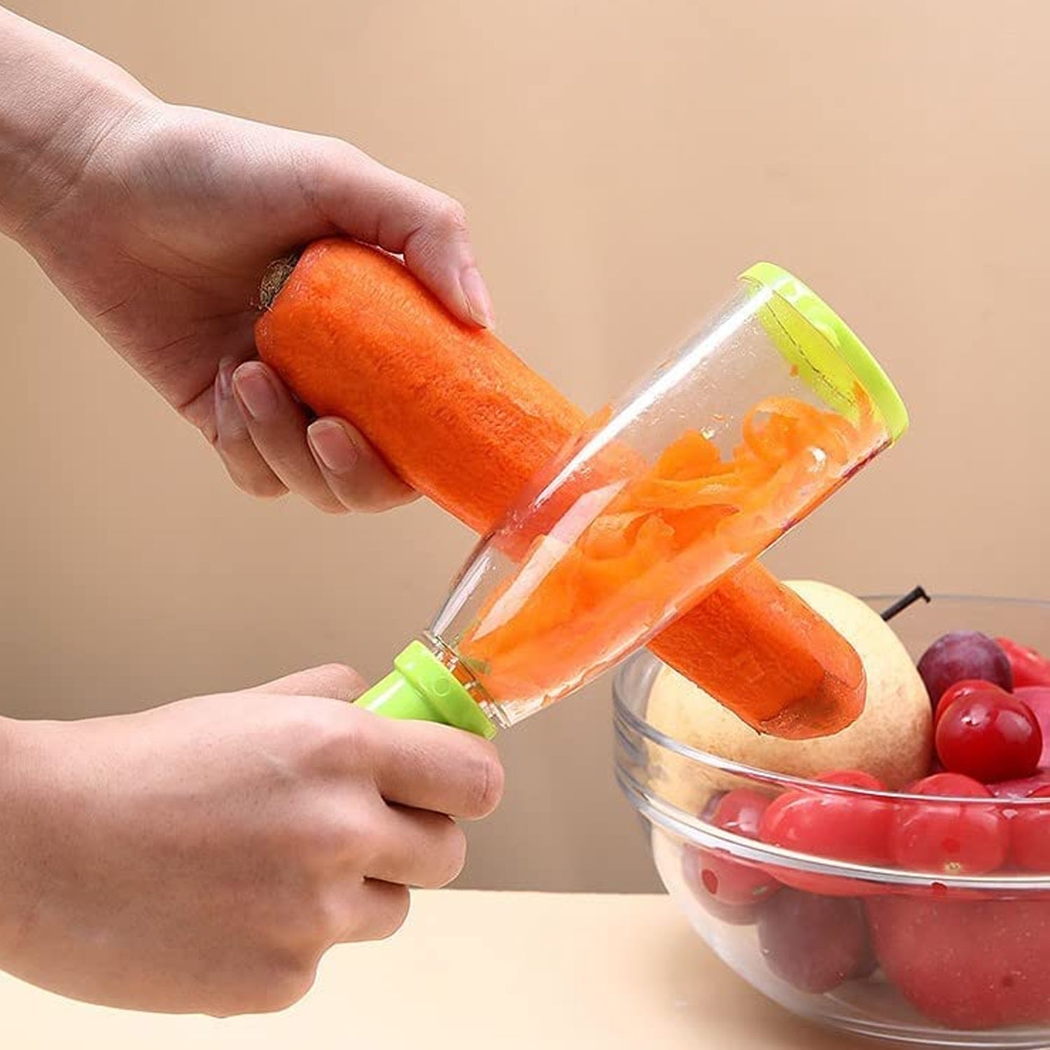 Multifunctional kitchen peeler with its built-in container, showcasing collected peels.