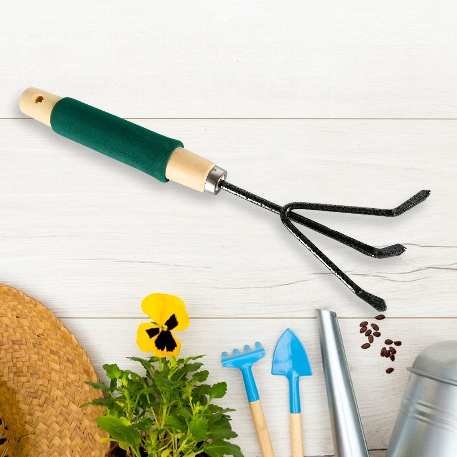 Efficient garden weeder tool featuring a sharp blade for easy weed removal and a wooden handle.