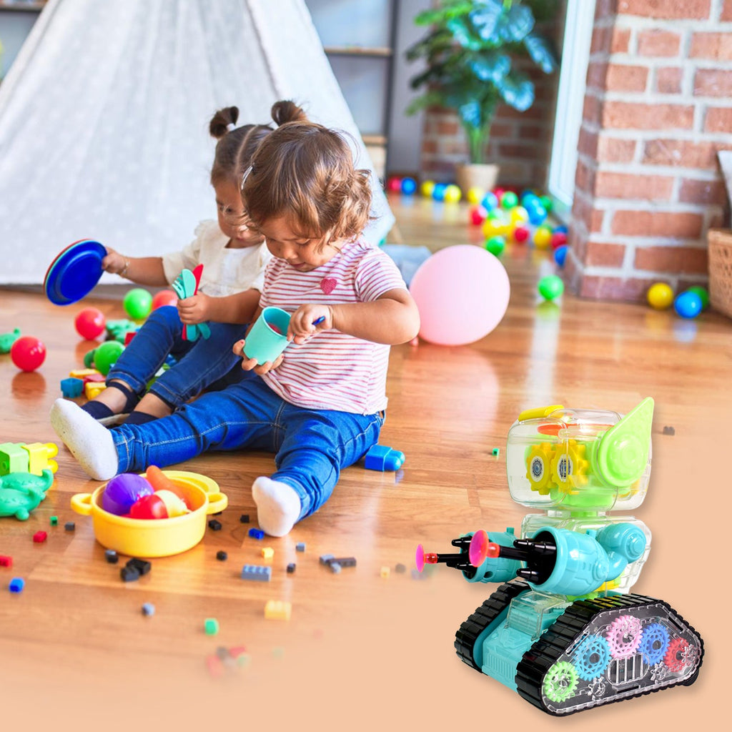 Transparent gear robot car with activated LED lights, moving across a surface, engaging children.