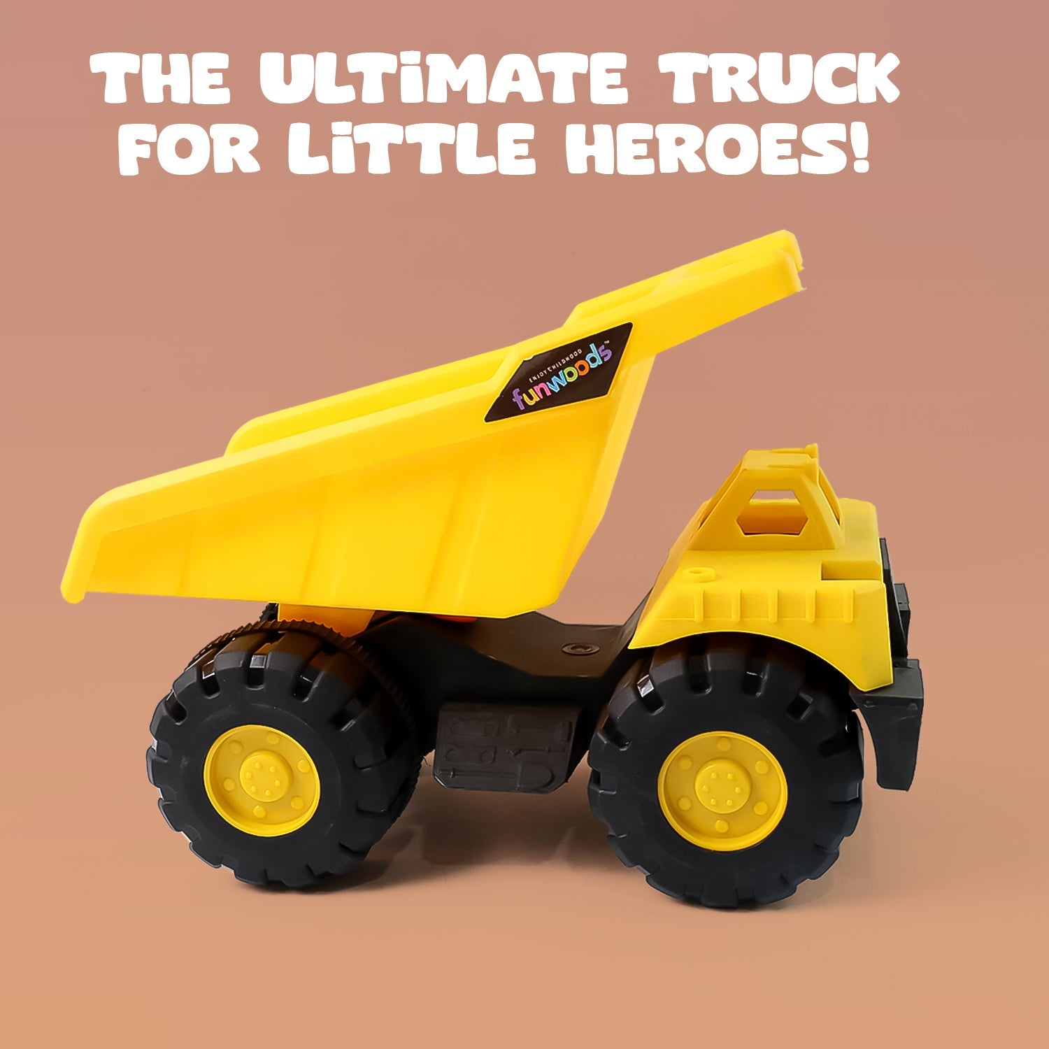 Brightly coloured friction-powered toy dump truck for kids' imaginative play
