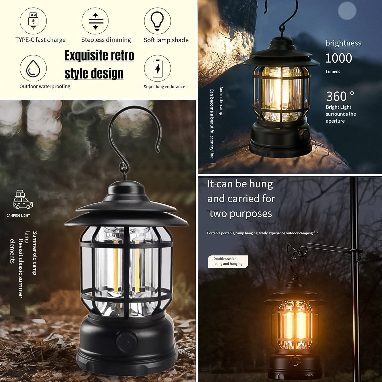 Lightweight retro LED camping lantern hanging from a tree branch in a natural setting.