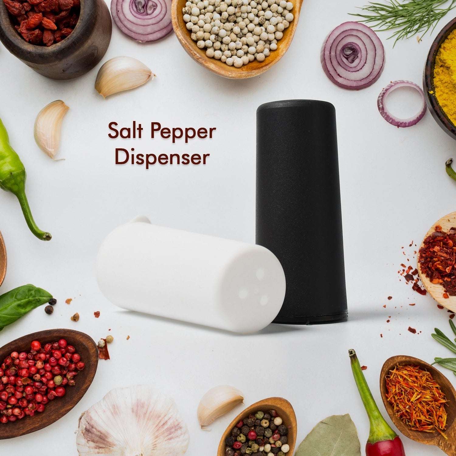 Elegant polycarbonate salt and pepper dispensers on a modern dining table.