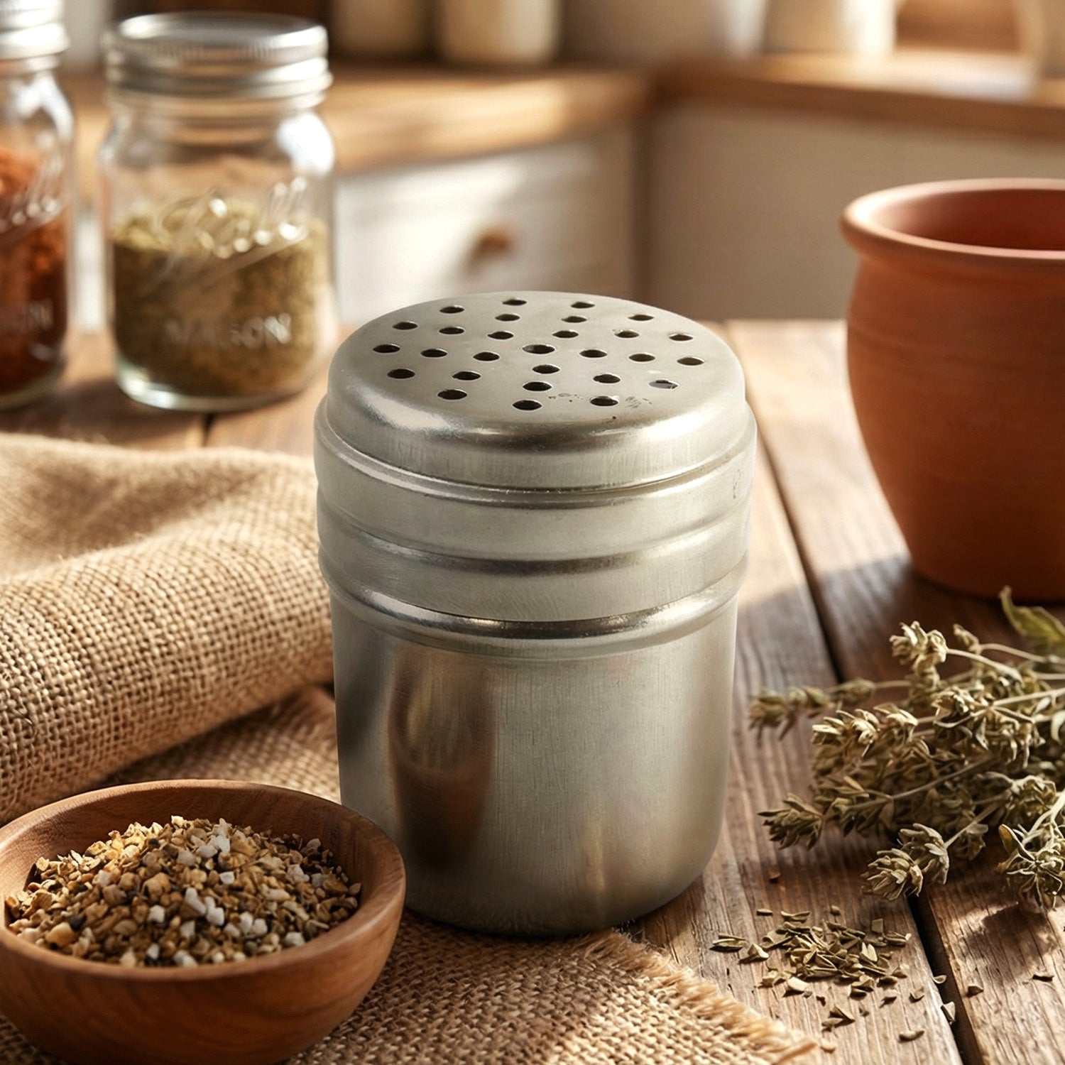 Stainless steel spice sprinkler showing precise perforated lid design