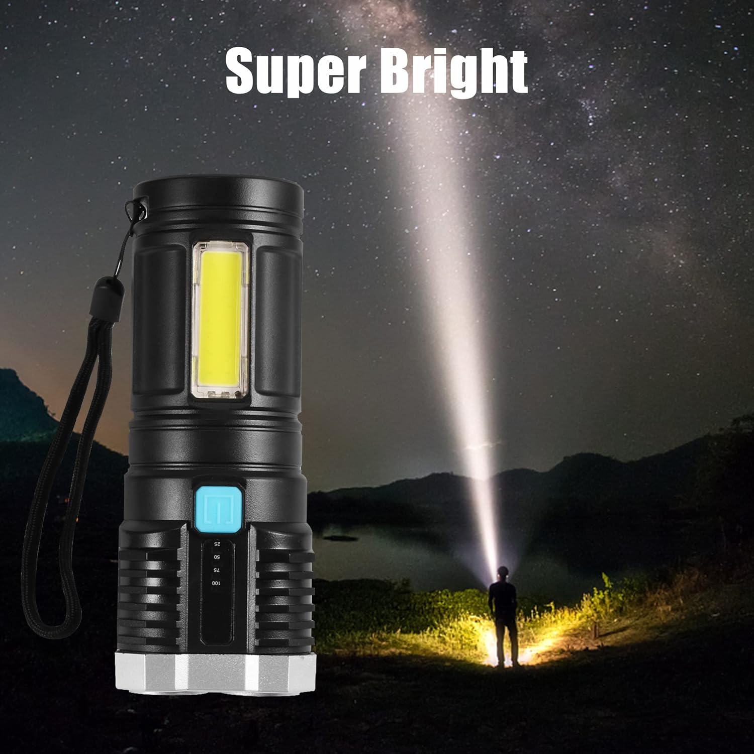 The 4-LED Rechargeable Torch Light focused on a distant object, showing its powerful long-distance beam.