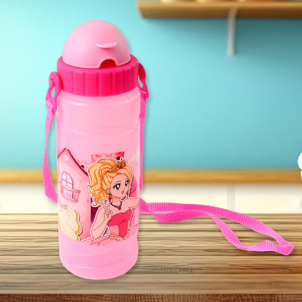 Children's water bottle with colorful cartoon prints and strap