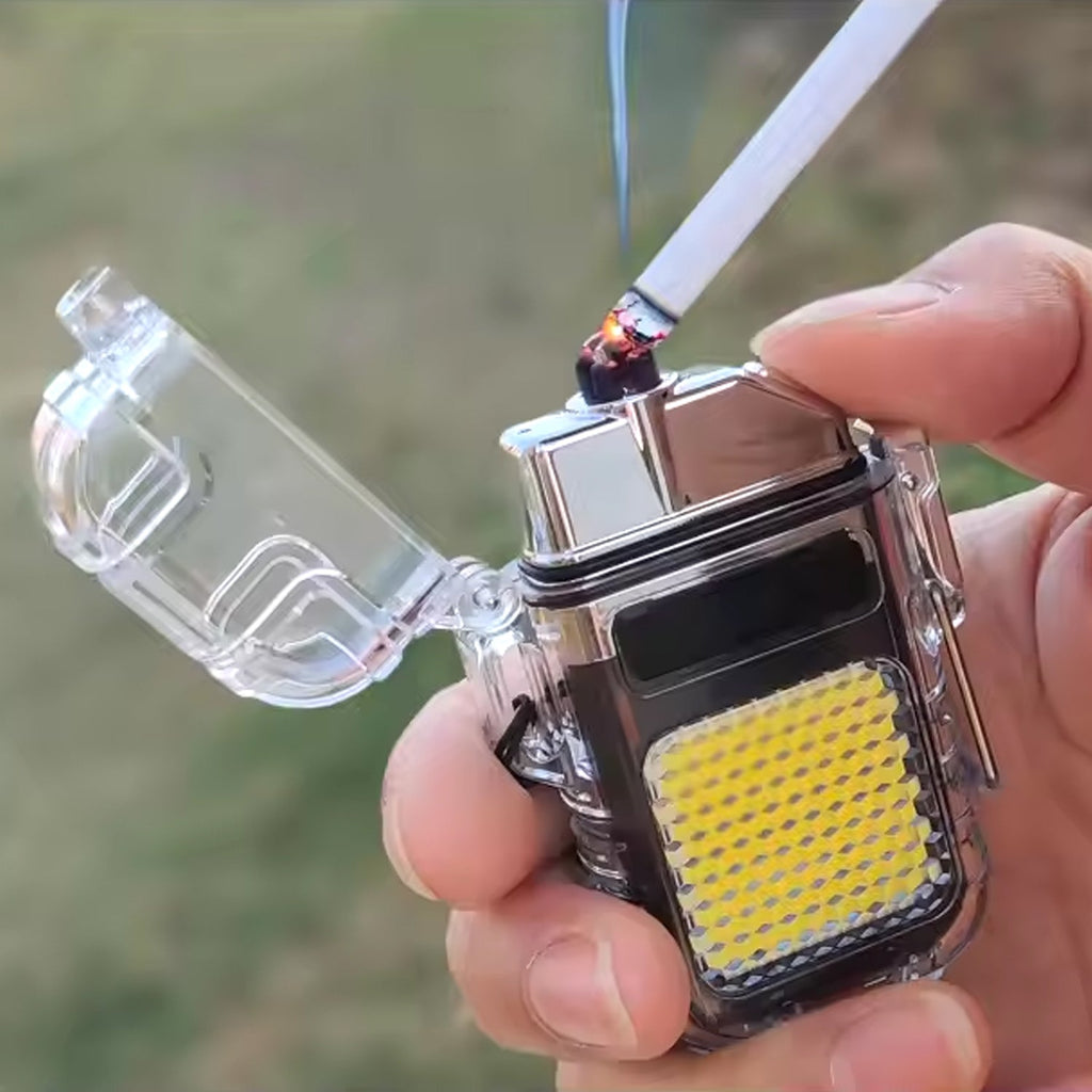Compact electric lighter flashlight clipped to a backpack, ready for outdoor adventure.