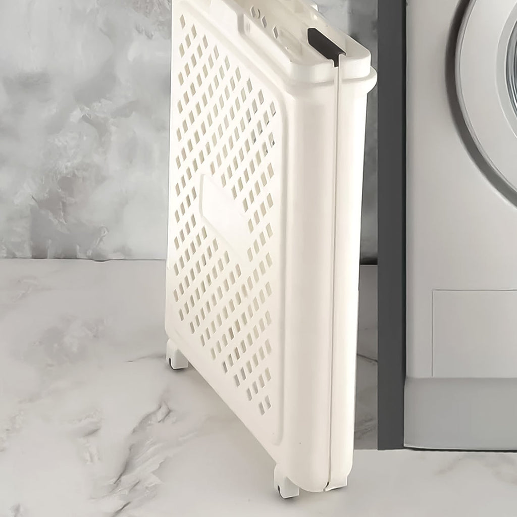 Laundry basket with wheels showcasing size scale and foldable feature
