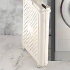 Laundry basket with wheels showcasing size scale and foldable feature