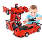 The robot car toy mid-transformation, showcasing its unique conversion feature.