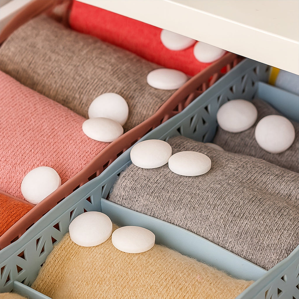 Fresh tabs of naphthalene mothballs keeping wardrobes free from pests and odour