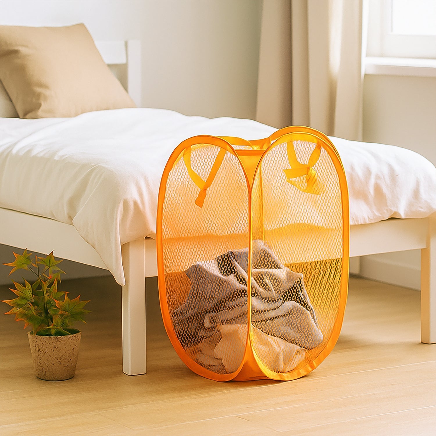 Close-up of breathable mesh fabric on the lightweight laundry hamper