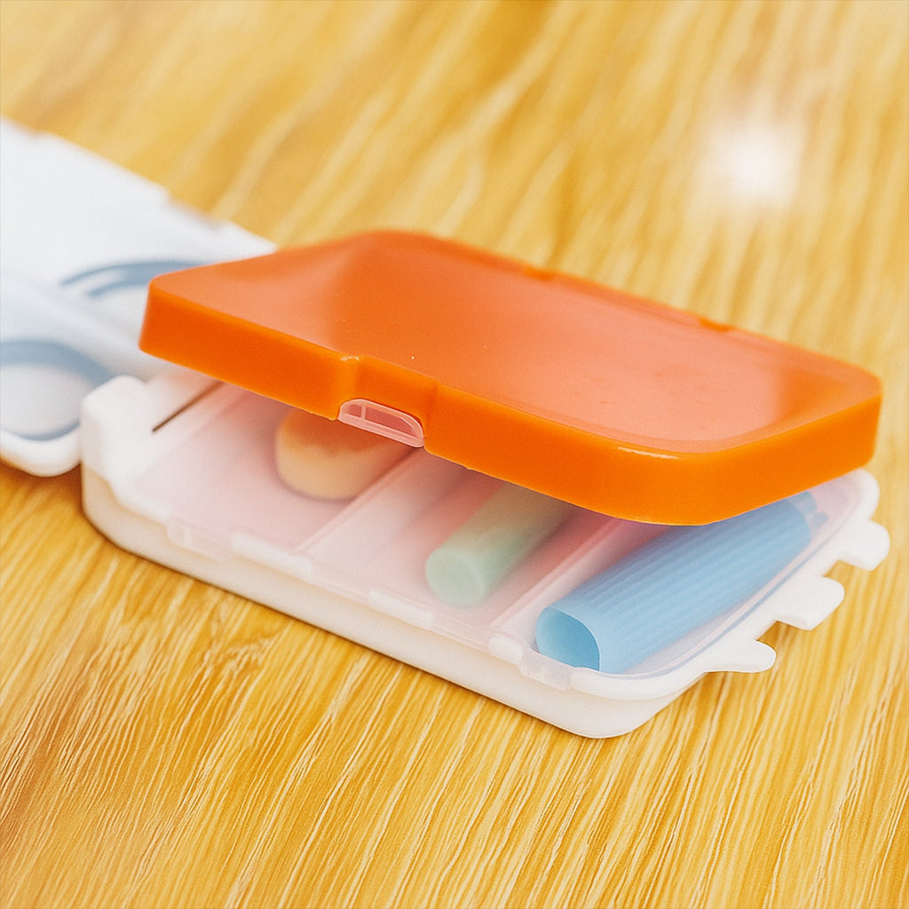 Open dual-sided pill organizer with 8 compartments for tablets and capsules