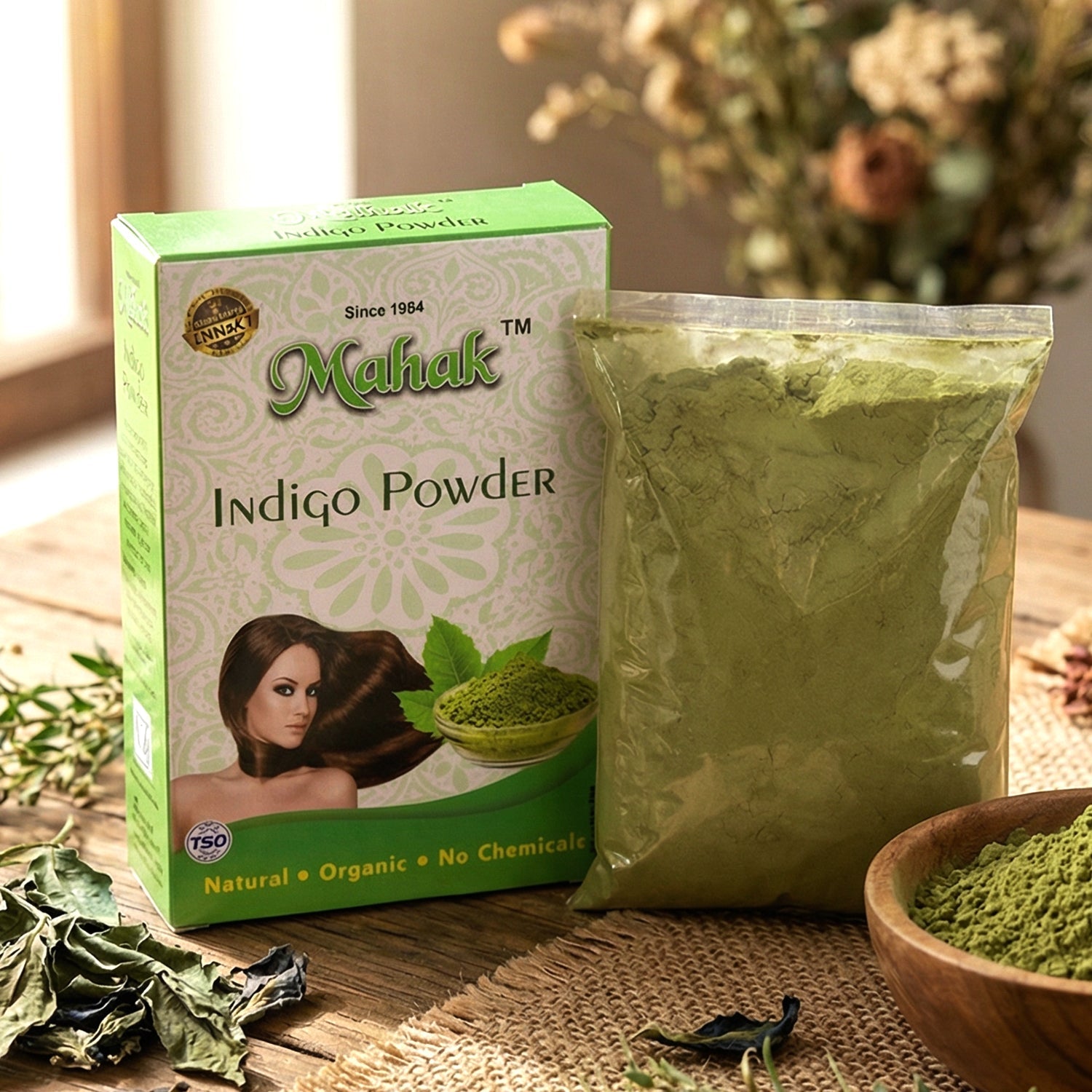 Close-up of herbal facial kit components including natural indigo powder