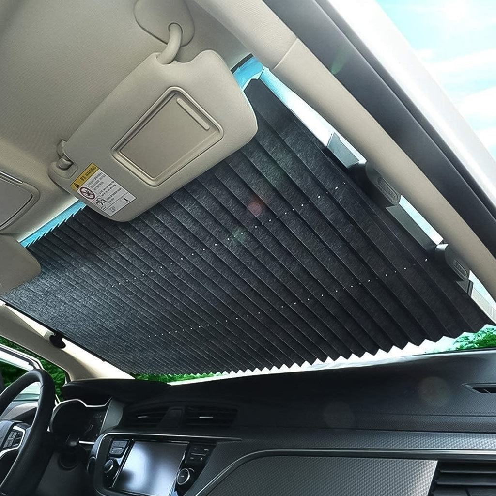 Car sun shade neatly folded for compact and convenient storage.