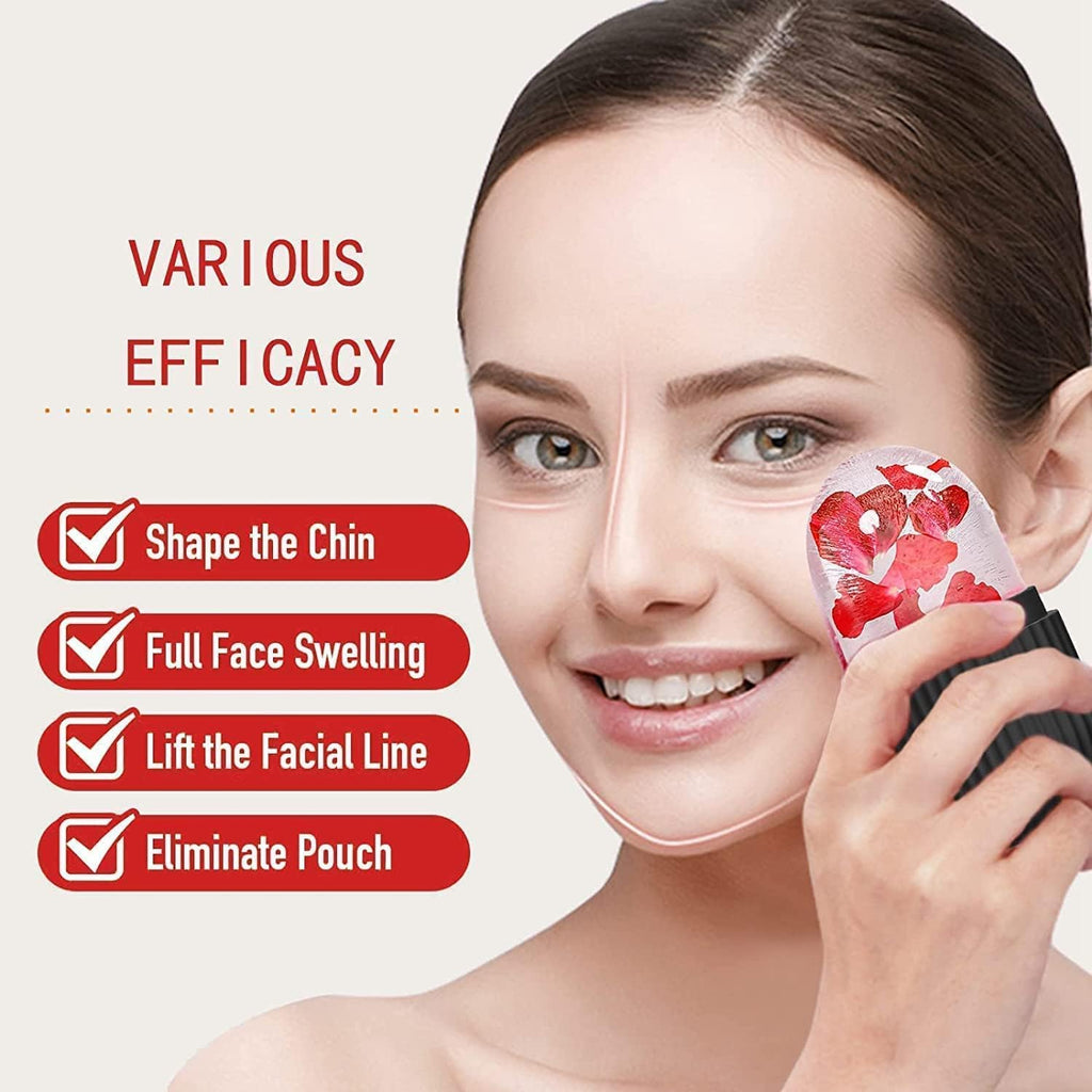 Woman using black face ice roller to reduce puffiness and swelling on her cheek.