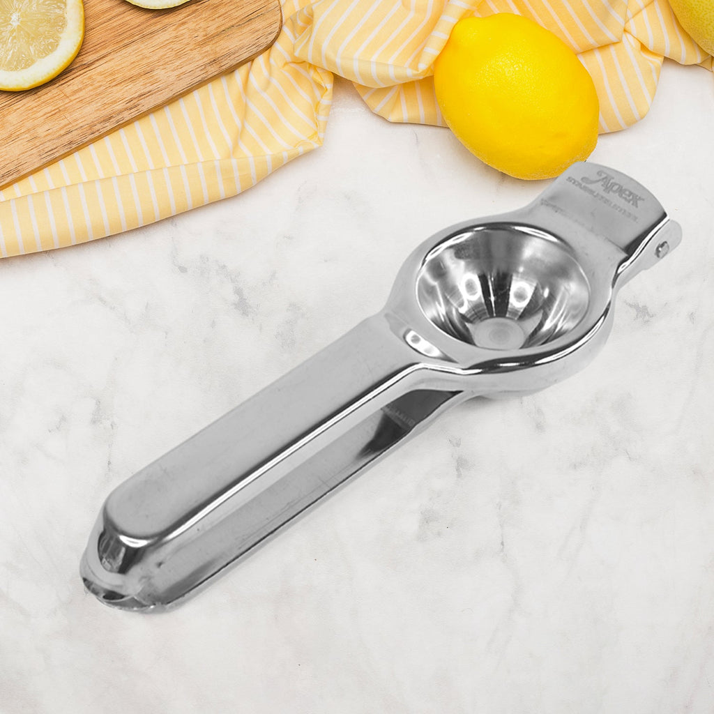 Polished stainless steel manual lemon squeezer with sturdy design