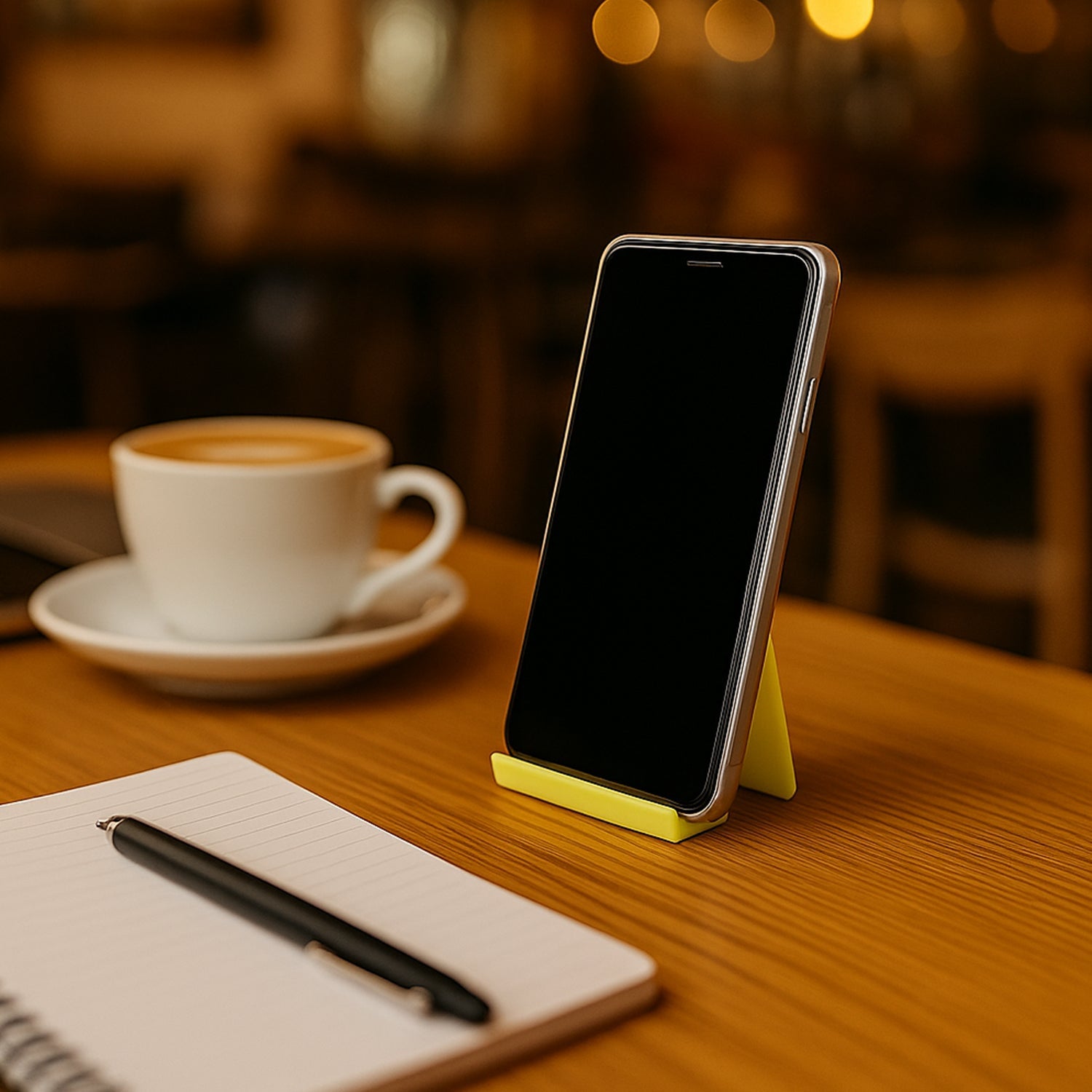 Close-up of pen holder slots integrated into plastic mobile phone stand
