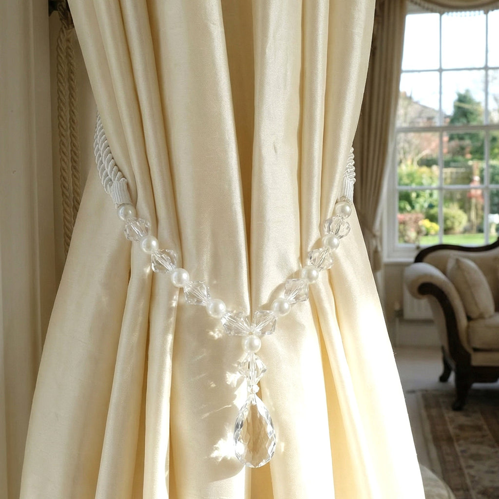 Glamorous pearl beaded curtain band and crystal accents