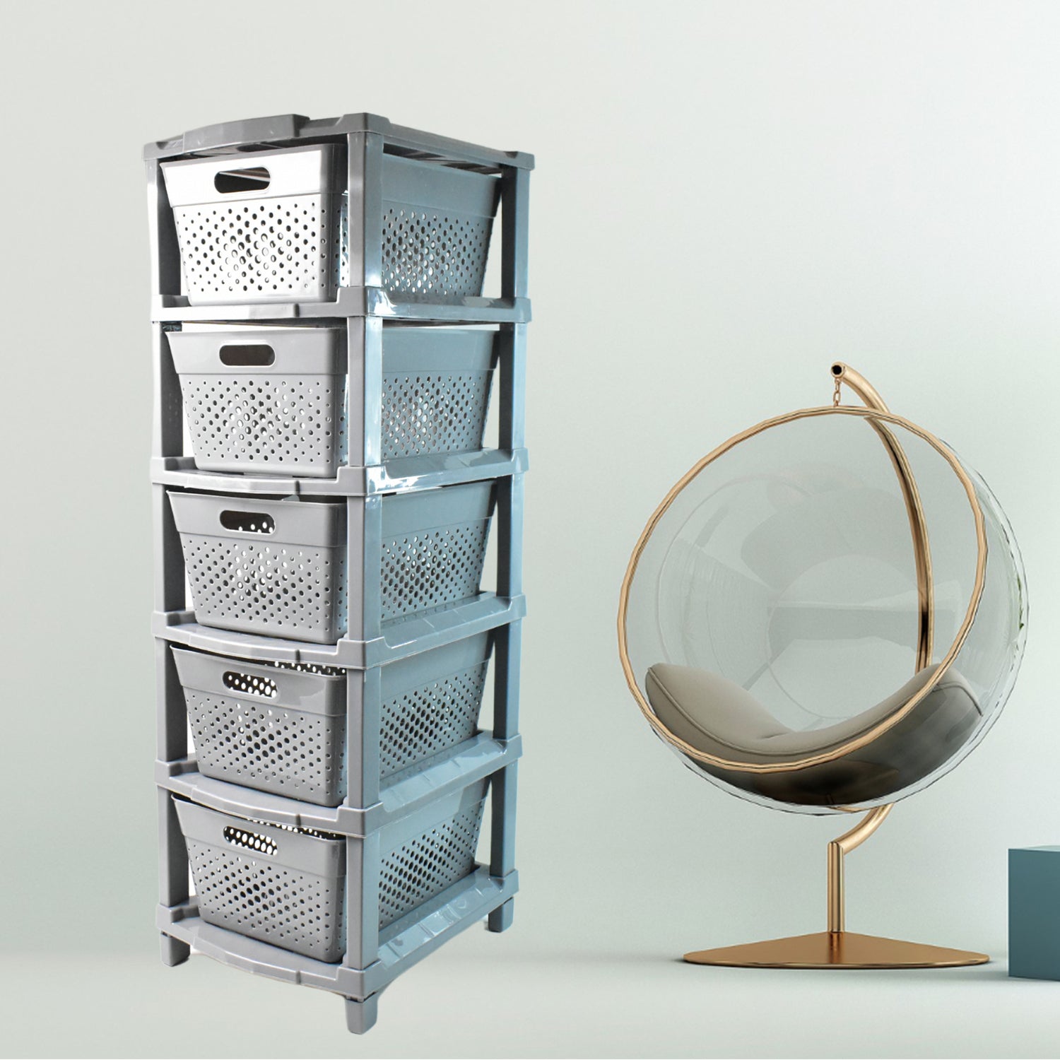 Detail of the sturdy, anti-slip plastic drawers of the modular storage system.