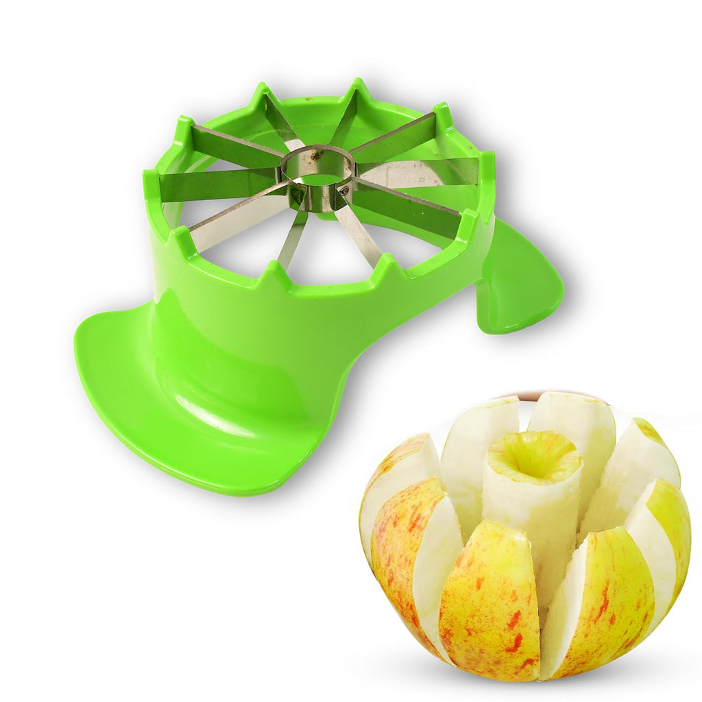 Apple cutter in use slicing apple into even pieces with container