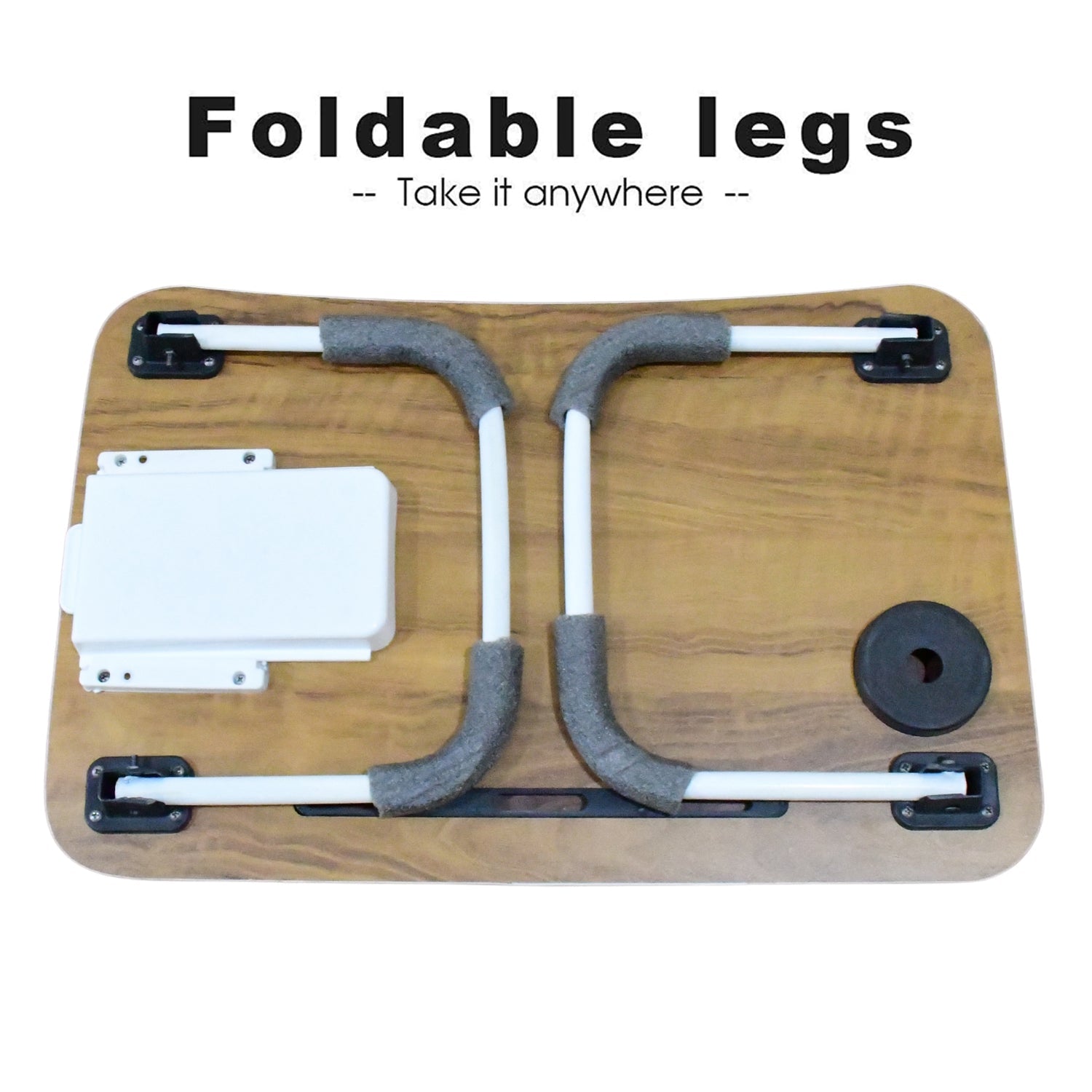Multi-purpose laptop desk with a plain design, featuring a cupholder and storage drawer.