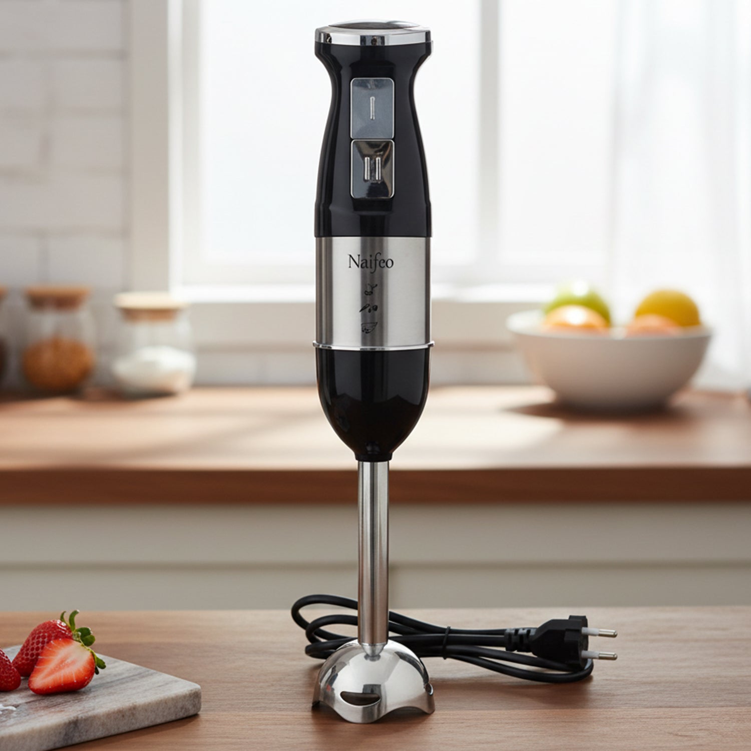 Handheld immersion blender blending smoothie in a glass with stainless steel blades